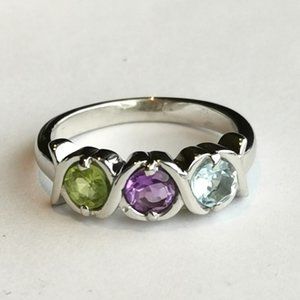 New, sterling silver 3 gemstone ring Peridot, Amethyst, Topaz